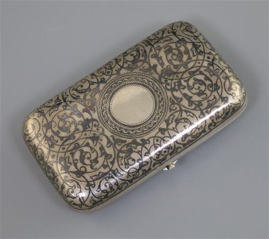 A late 19th century Russian 84 zolotnik silver and niello cigarette case, gross 139 grams.